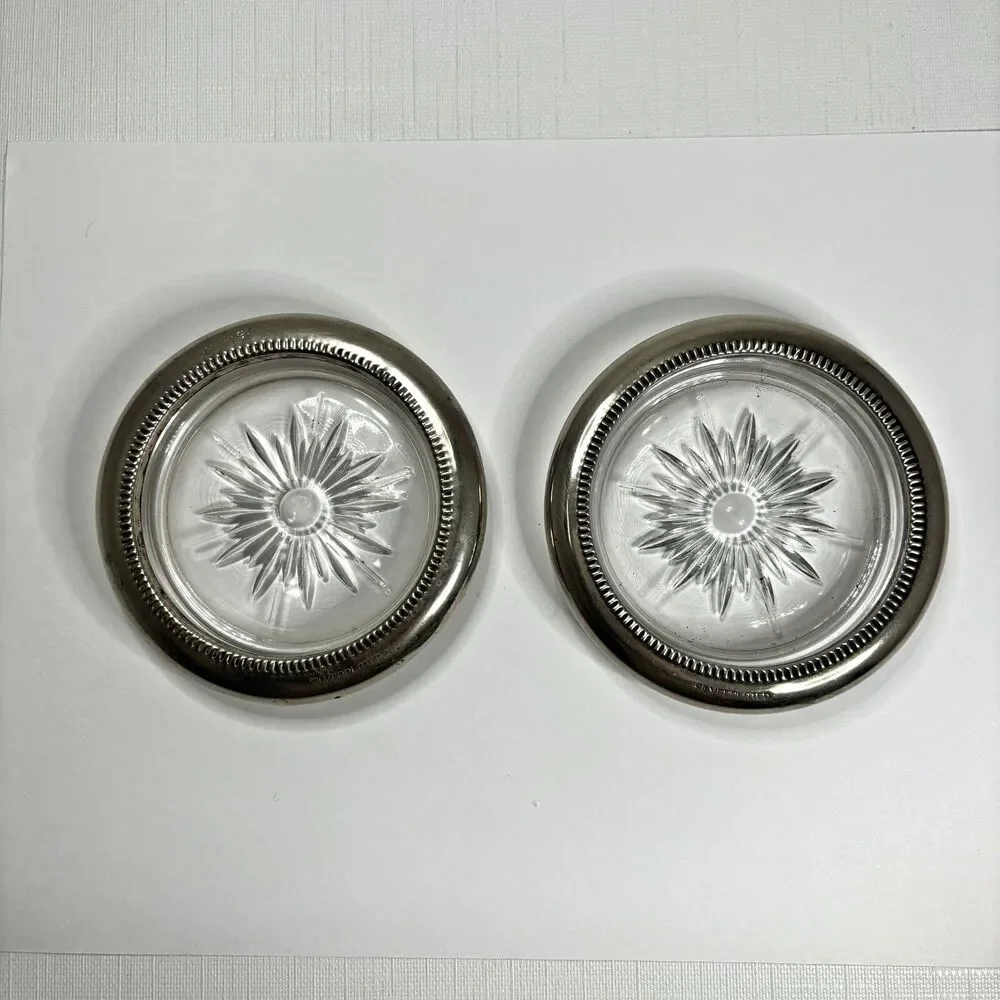 Vintage Mid Century Silverplate Leonard Coasters Crystal Starburst Signed Set 2